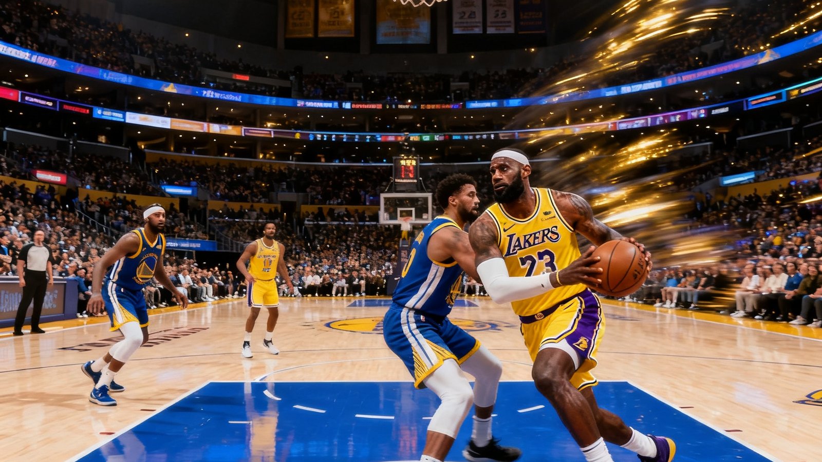 NBA常规赛直播画面，洛杉矶湖人主场斯台普斯中心内，勒布朗·詹姆斯持球突破勇士队防线，场上比分胶着，观众席爆满，蓝色与金色的灯光交织。